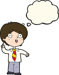 cartoon schoolboy answering question with thought bubble