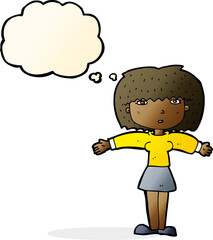 cartoon woman shrugging shoulders with thought bubble