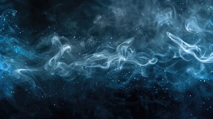 Shiny smoke. Glitter fluid. Ink water. Magic mist. Blue color particles texture paint vapor storm wave on dark black abstract background.