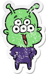 distressed sticker of a happy cartoon alien