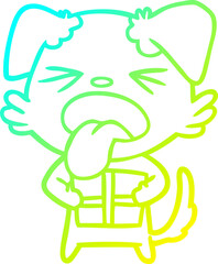 cold gradient line drawing cartoon dog with christmas present