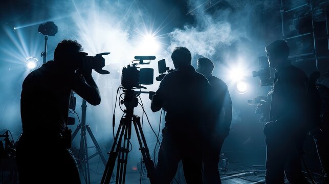 Silhouette images of video production behind the scenes. making of TV commercial movie that film crew team lightman and cameraman working together with film director in studio. film production concept