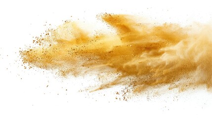 Small Fine size Sand flying explosion, Golden grain wave explode. Abstract cloud fly. Yellow colored sand splash throwing in Air. White background Isolated high speed shutter, throwing freeze stop