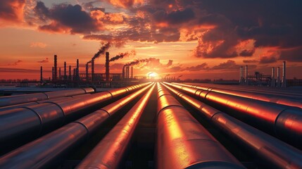 Obraz premium steel long pipes in crude oil factory during sunset