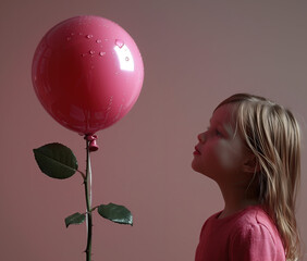 Nena seria vista lateral mirando una rosa con firma de globo no de flor, fondo beige oscuro, mirando con admiración, arte conceptual - obrazy, fototapety, plakaty