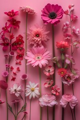 A visually striking collection of red and pink flowers showcasing different shapes and sizes set against a tender backdrop