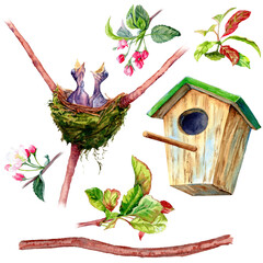 Watercolor set Springtime with nest and Birdhouse