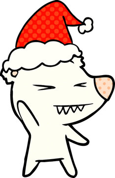 angry polar bear comic book style illustration of a wearing santa hat