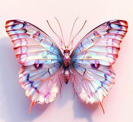 A vibrant butterfly with iridescent wings and eyes pattern, against a light background