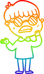 rainbow gradient line drawing cartoon confused boy wearing spectacles