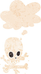 cartoon skull and bones and thought bubble in retro textured style