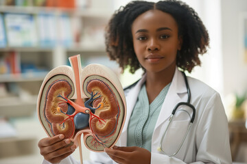 Female doctor holding model of human kidney in her hands. Generative Ai