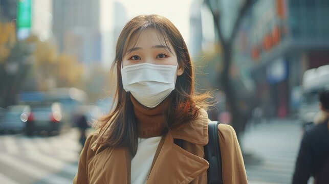 Asian woman are going to work.She is wearing a mask N95. To prevent dust, pm 2.5