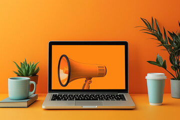 Megaphone on laptop screen, orange background. Generative Ai