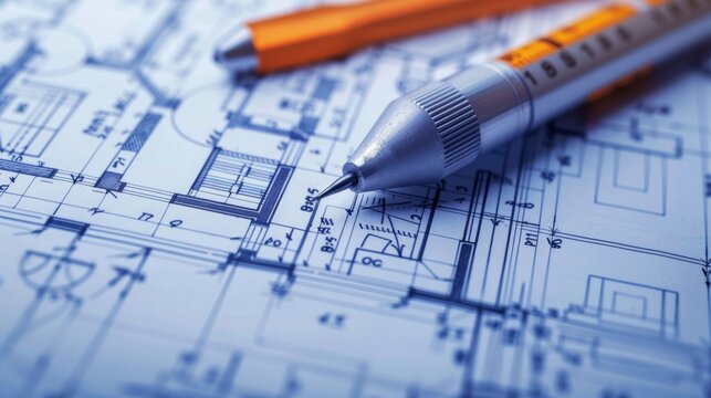 A close-up image of a pen and pencil lying on top of a blueprint. The blueprint shows architectural plans with dimensions and labels.