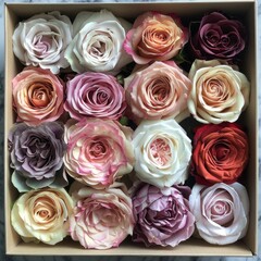 An assortment of multicolored roses neatly arranged in a box, viewed directly from above