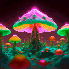 Hallucinogenic Sorcery Mushrooms. Sparkling Brilliant Neon Lights at the Woods