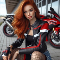 Fototapeta na wymiar Beautiful woman with red hair in motorcycle clothing sits in front of a motorcycle