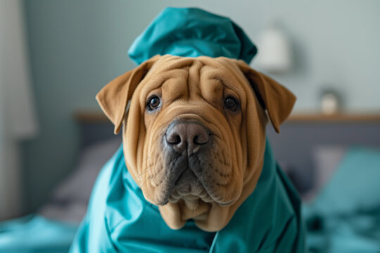 Portrait of a shar pei dog dressed in medical scrubs , Generative Ai