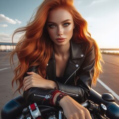 Fototapeta na wymiar Beautiful woman with red hair in motorcycle clothing sits in front of a motorcycle