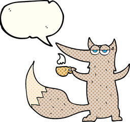 comic book speech bubble cartoon wolf with coffee cup