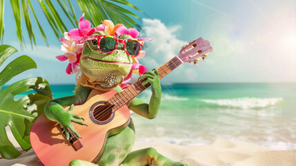 With a flower lei and cool shades, this guitar-playing lizard on a sunny beach sets a laid-back mood - obrazy, fototapety, plakaty