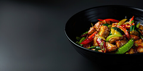 Asian cuisine stir fried chicken, paprika, mushrooms, chives with sesame seeds in frying pan. Black kitchen table background, top view. Image for cafe menu, Banner - obrazy, fototapety, plakaty