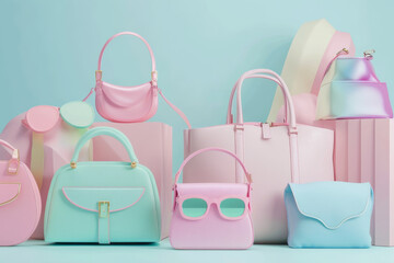 Beautiful 3d pastel color bags and sunglasses. Generative Ai