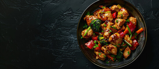 Asian cuisine stir fried chicken, paprika, mushrooms, chives with sesame seeds in frying pan. Black kitchen table background, top view. Image for cafe menu, Banner - obrazy, fototapety, plakaty