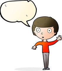 cartoon waving boy with speech bubble