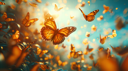 Abundant environment Thousands of wonder butterflies flying up towards the sky with Beautiful...