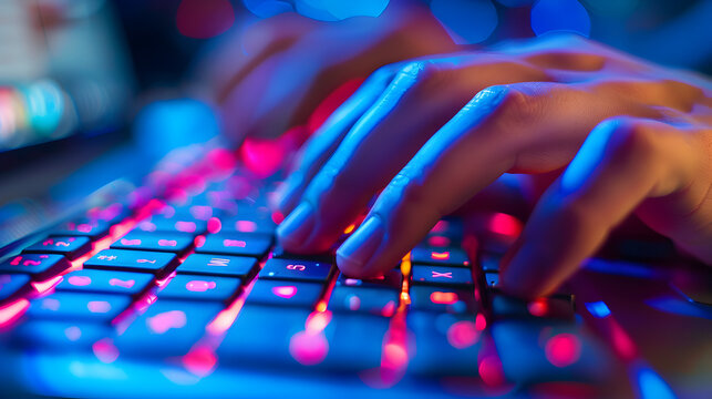 Close-up of hands typing on a computer keyboard, depicting productivity and technology
