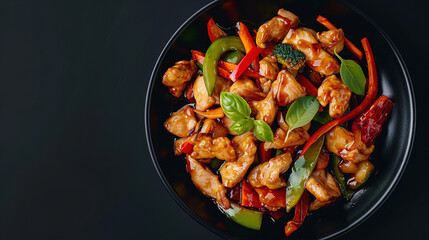 Asian cuisine stir fried chicken, paprika, mushrooms, chives with sesame seeds in frying pan. Black kitchen table background, top view. Image for cafe menu, Banner