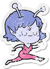 distressed sticker of a cartoon alien girl jumping