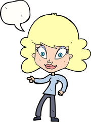 cartoon woman pointing with speech bubble