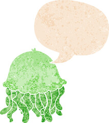 cartoon jellyfish and speech bubble in retro textured style