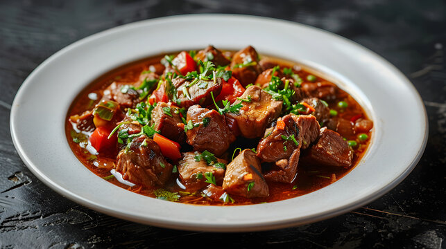 Hearty beef stew on elegant white plate