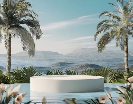 Empty space podium stage with white floor nature decoration and mountain ocean view 3d image render