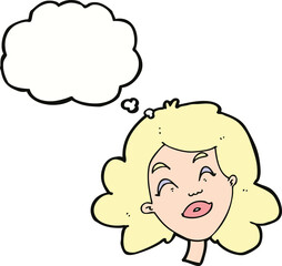 cartoon happy female face with thought bubble