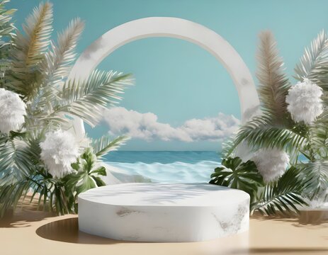 Empty space podium stage with white floor nature decoration and mountain ocean view 3d image render