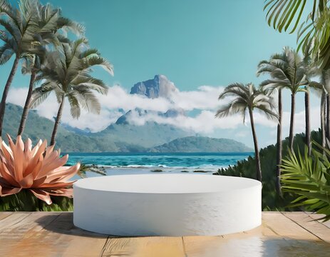 Empty space podium stage with white floor nature decoration and mountain ocean view 3d image render