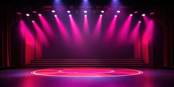 Theater stage light background with spotlight illuminated the stage for opera performance. Empty stage with warm ambiance colors, fog, smoke