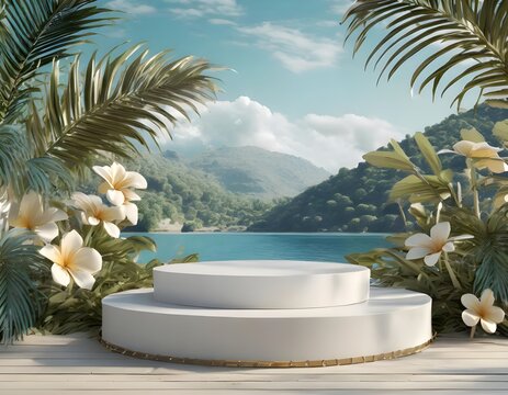 Empty space podium stage with white floor nature decoration and mountain ocean view 3d image render