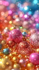 An array of glittering and reflective holiday balls in various shades of pink, blue, and gold creating a festive background