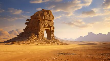 Surreal desert landscape decorated with massive, gravity-defying stone arches
