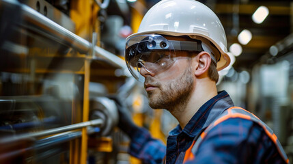 A technician repairing machinery while wearing smart glasses that provide real-time diagnostics and instructions, in an industrial setting, wearable technology, with copy space