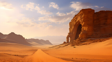 Surreal desert landscape decorated with massive, gravity-defying stone arches