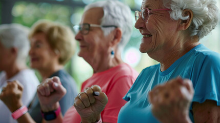 Fototapeta premium A group of seniors at a fitness class, each wearing heart rate monitoring bands, promoting active aging and community, wearable technology, with copy space