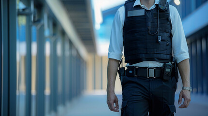 A security officer patrolling a high-value facility equipped with a body-worn camera for real-time surveillance and evidence collection, wearable technology, with copy space