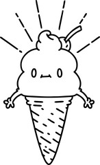 traditional black line work tattoo style ice cream character